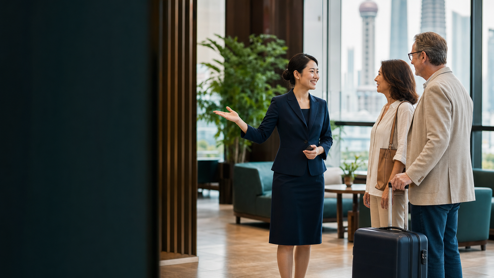Illustration of a coordinator welcoming visitors in a reception area